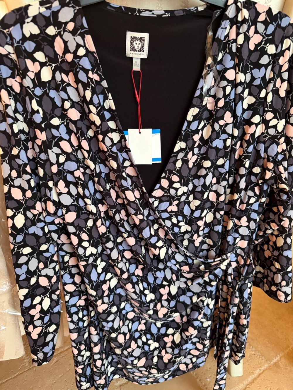 Anne Klein Black Floral Wrap Blouse with Pink, Blue and Cream Accents